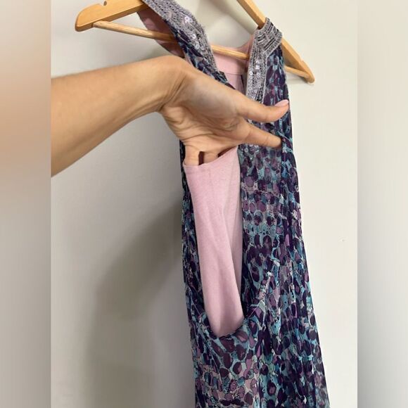 Free People Tunic Top Asymmetrical Purple Blue Sequin Collar Boho Lined Flowy - Picture 5 of 11